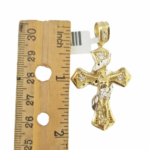 14K Real Yellow Gold Jesus Cross Diamond Cut Pendant Religious
