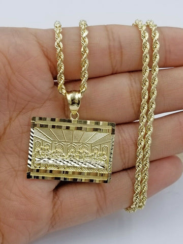 10k Real Last supper Gold Charm Pendant 2.5mm Rope Chain 18 20 22 24 26 28 Inch