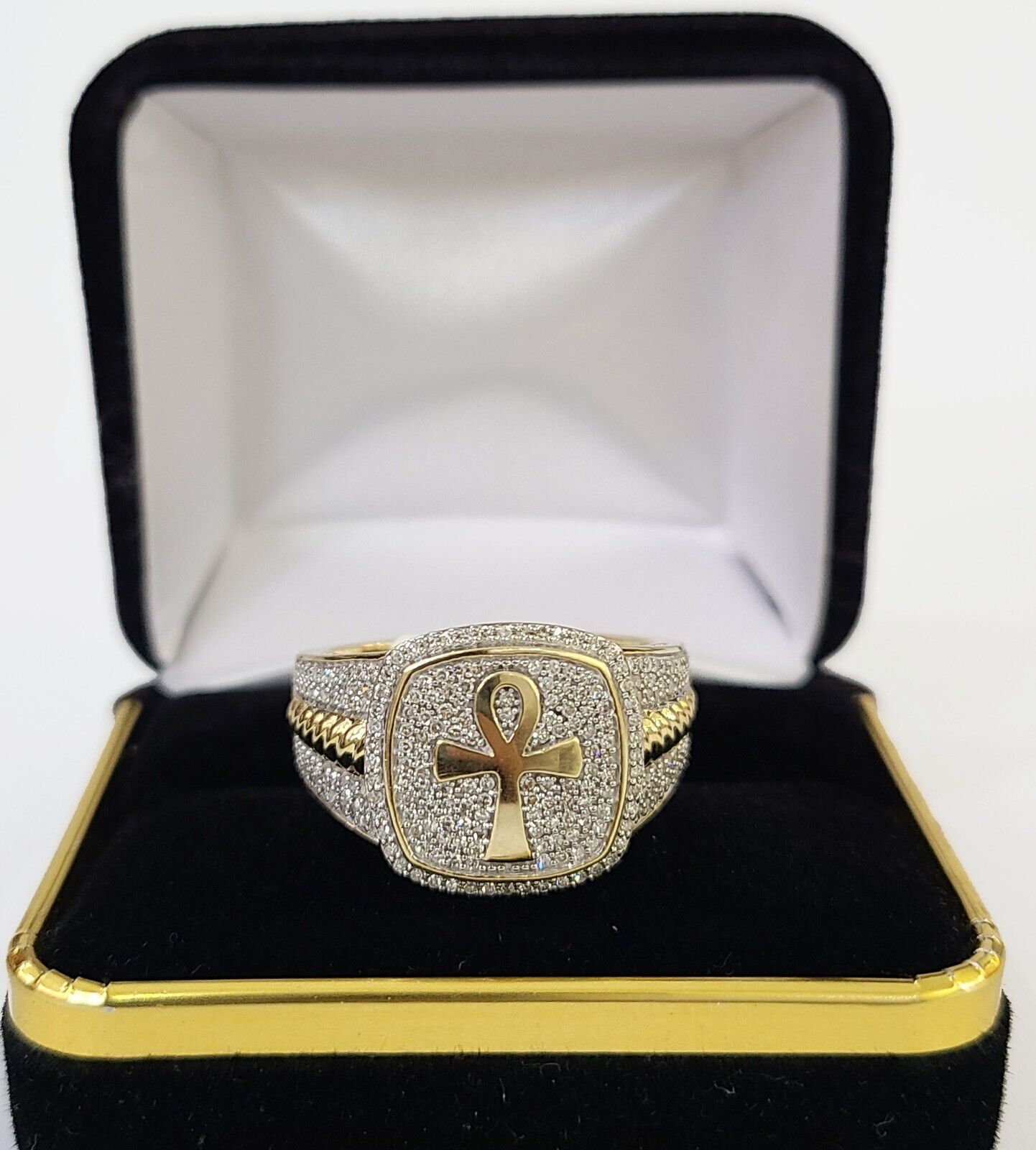 Real 10k Yellow Gold Diamond Mens Ring Ankh Cross Band Wedding Genuine Natural