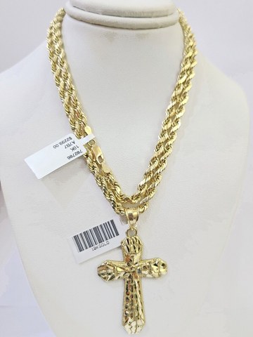 10k Gold Rope Chain & Cross Charm Pendent SET 4mm 24 Inches Necklace