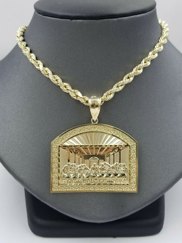 10k Yellow Gold Last supper pendant with Rope 26"Chain Mens Necklace Diamond Cut