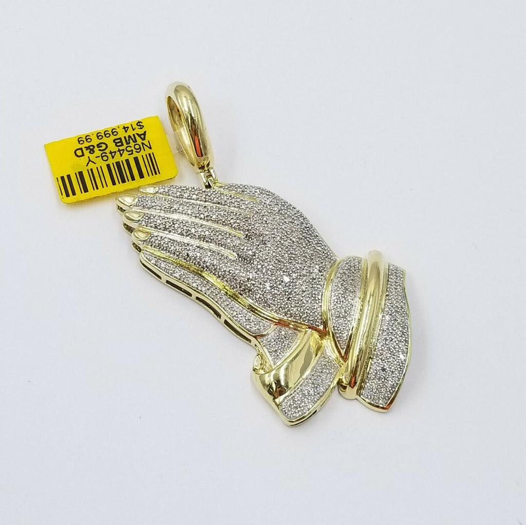 10K Yellow Gold & Diamond Praying Hand Charm Pendant  1.48CT 2.5" For Men Women
