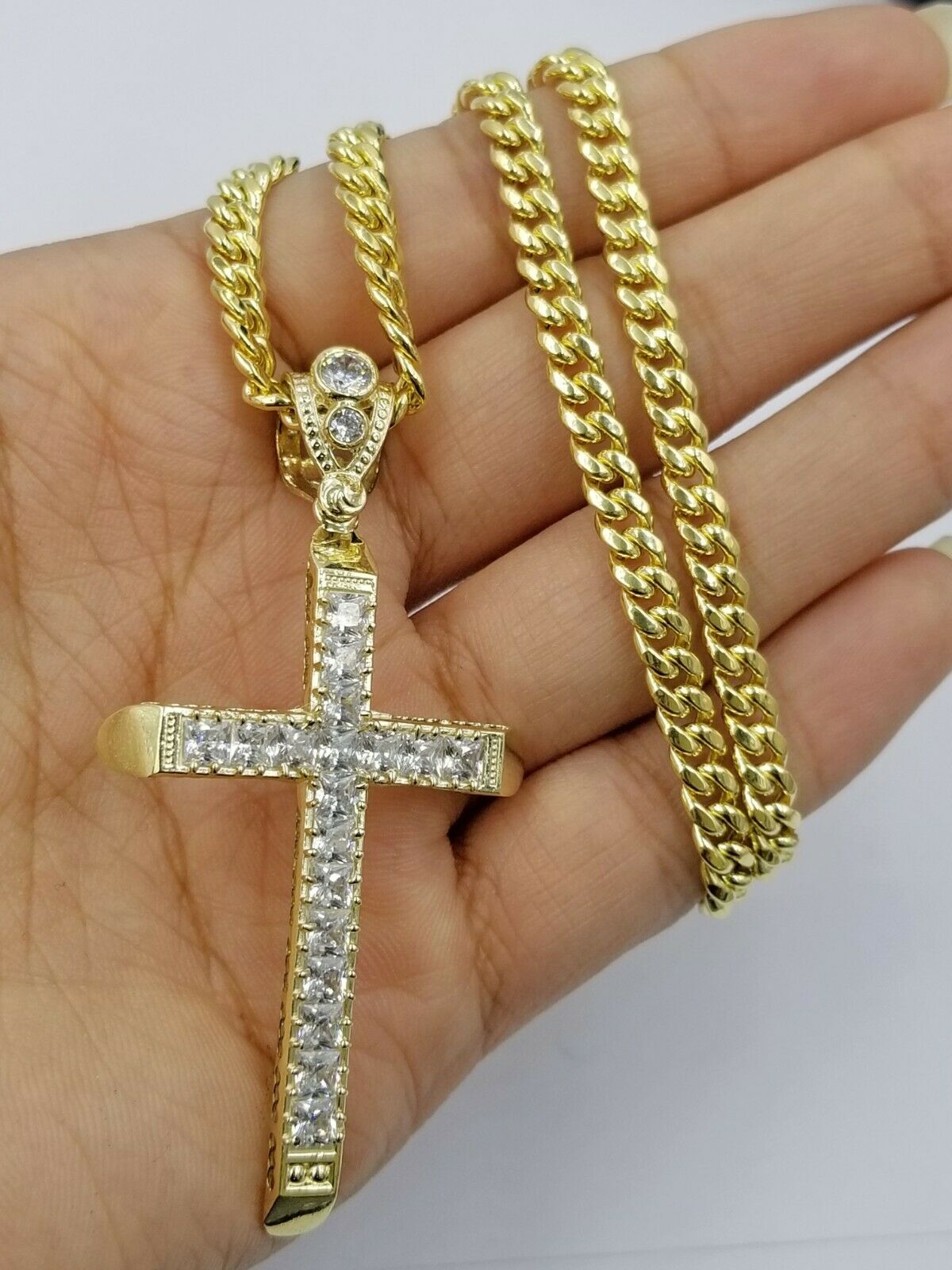 10k Yellow Gold Cross Charm pendant with 5mm Miami Cuban Diamond Cut Jesus REAL