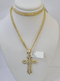 10k Nugget Cross Charm Miami Cuban Chain 4mm 22 inch SET Yellow Gold