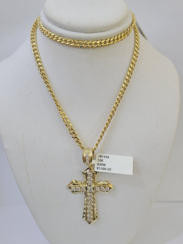 10k Nugget Cross Charm Miami Cuban Chain 4mm 22 inch SET Yellow Gold