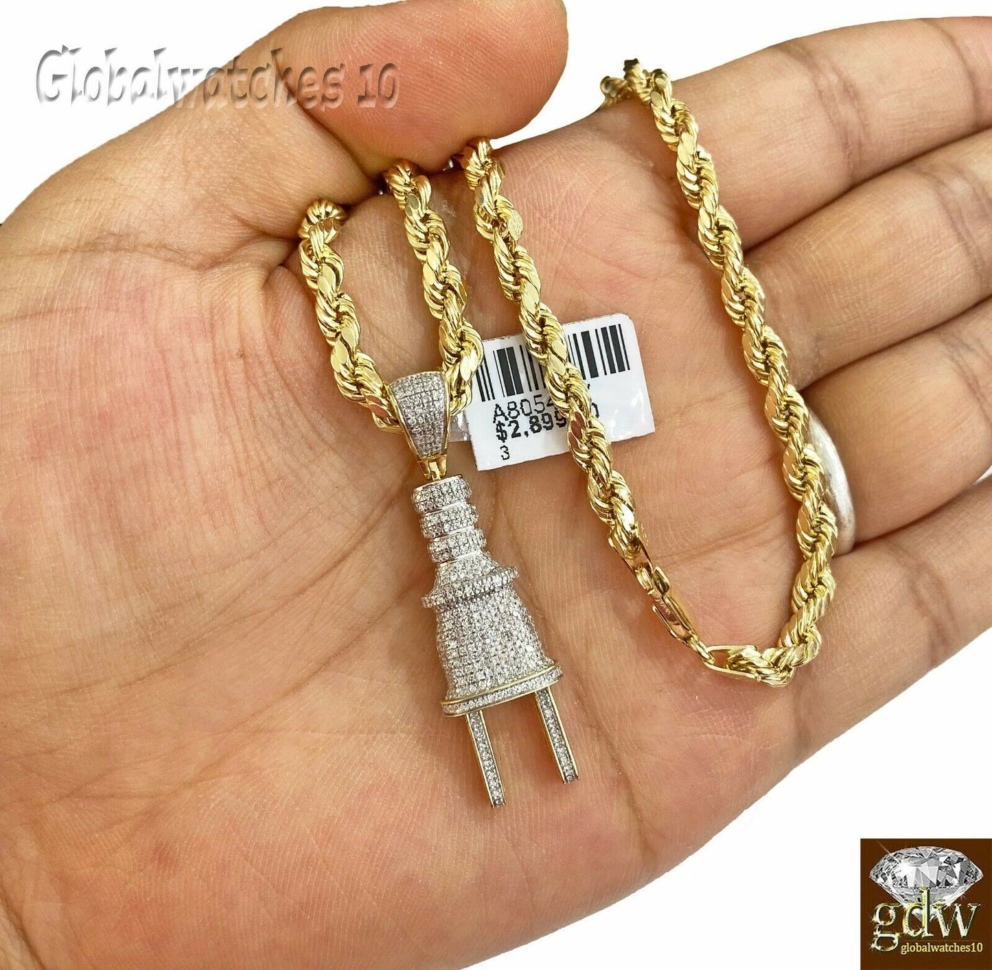 10k Gold Diamond Socket Plug Charm Pendant,10k Rope Chain in 18 20 22 24 26 Inch