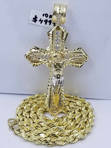 Mens 10k Real Yellow Gold Rope Chain With Crucifix Cross Charm Jesus Diamond cut