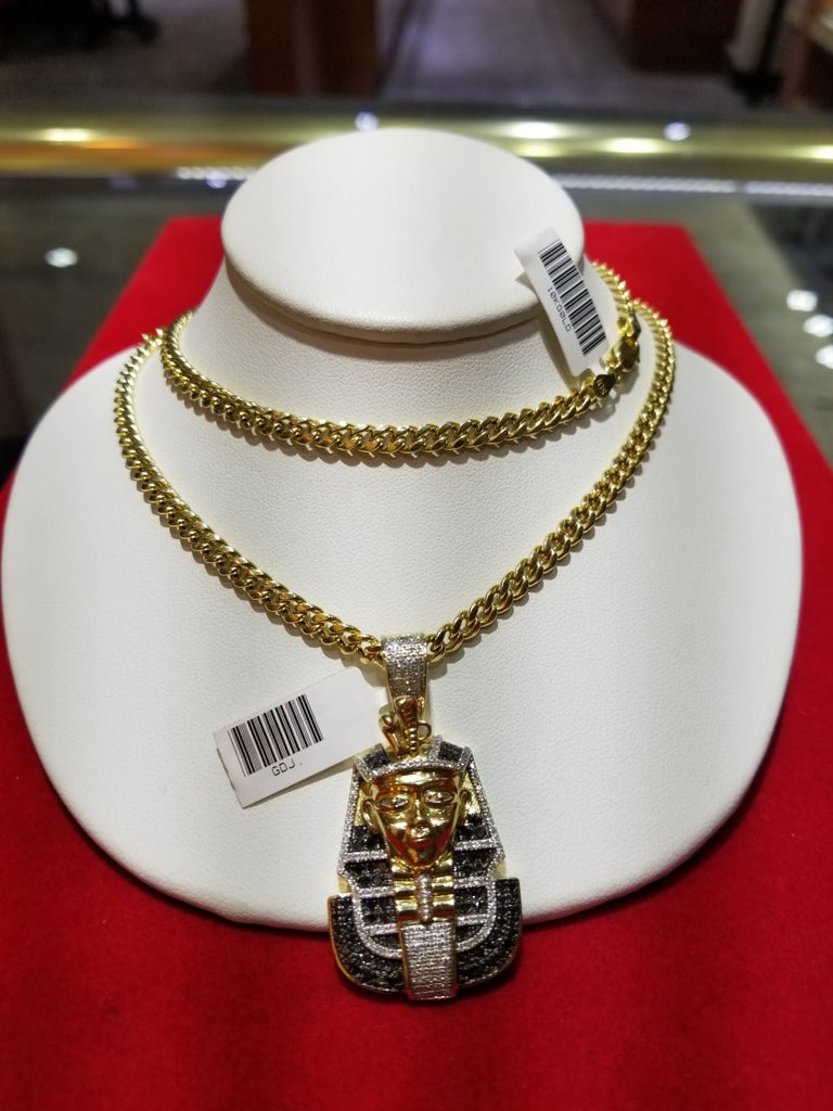 10K Yellow Gold Black Diamond Pharaoh Head with 5mm 24" Miami cuban Chain